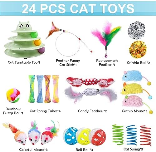 UPSKY 24 PCS Cat Toys Set with Teaser, Mice, Spring, and Various Ball Toys | Puzzle Kitten Toys, Sturdy Structure, Detachable Design, Easy to Assemble, Anti-Slip, Reduces Boredom for Indoor Cats