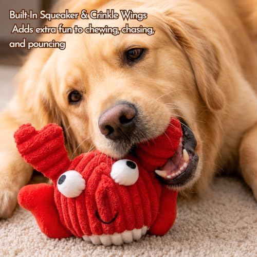 Crab Plush Dog Toy, 2-in-1 Rip & Reveal Interactive Dog Toy with Squeaky Spiky Ball Inside, Crinkle Wings, Soft Plush Chew Toy for Small Medium Large Dogs