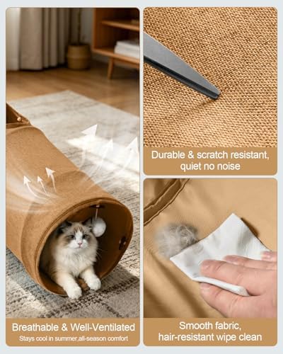 Cat Tunnel, 3 Straight Shaped Tunnels 6 DIY Shapes with Wand Toys, No Noise Scratch Resistant Cool Linen Fabric, Interactive Pet Tunnel Tube for Indoor Cats, Puppy and Rabbits