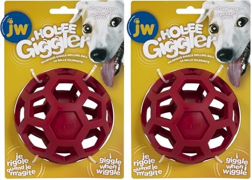JW Pet HOL-ee Giggler Dog Toy Puzzle Ball, Natural Rubber, Medium (4.5 Inch Diameter), Red (Pack of 2)