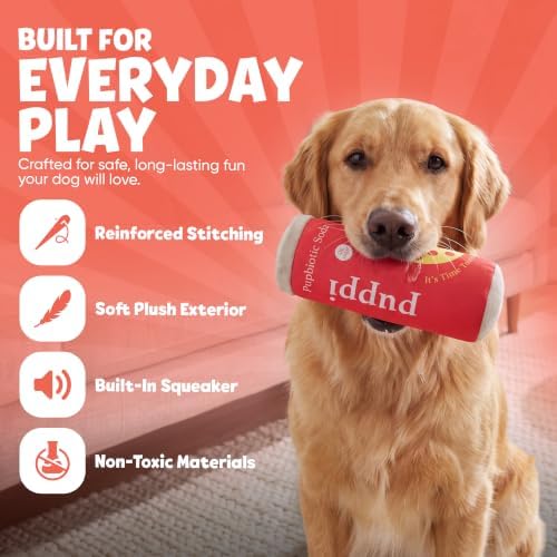 Soda Can Parody Dog Toy – Funny Squeaky Dog Toys for Interactive Play and Training – Durable, Easy to Clean, Birthday Gifts for Small, Medium and Large Dogs