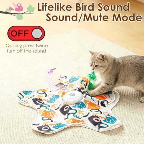 Interactive Cat Toys for Indoor Cats, USB Rechargeable Hide and Seek Automatic Feather Moving Kitten Toy with 2 Replaceable Wands, 3 Modes, 5-Min Auto-Sleep & Realistic Bird Sounds(Colorful)