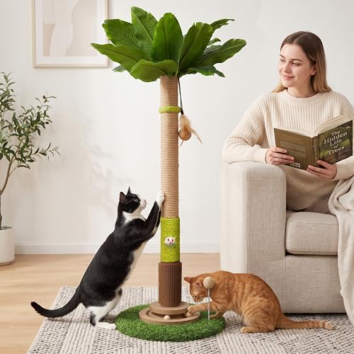 37'' Tall Cat Scratching Post, Sturdy Cat Tree Tower with Plush Perch, Hanging Toy & Interactive Wooden Ball, Durable Sisal Scratcher for Indoor Cats and Kittens