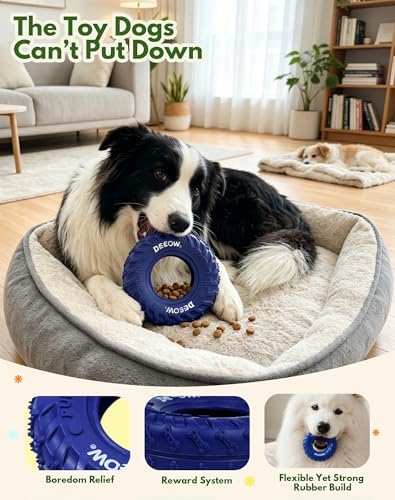 Deeow Rolling Dog Tire Chew Toy for Teething & Treat Dispensing-Blue 6.3''