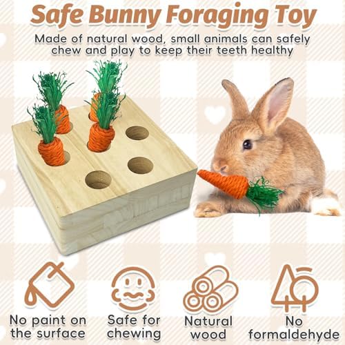 PINVNBY 6 PCS Rabbit Foraging Toys Wooden Bunny Enrichment Toy Guinea Pig Chew Toy Hamster Interactive Hide Treats for Rabbits Bunnies Chinchillas Rats (with 5 PCS Carrot Teething Toys