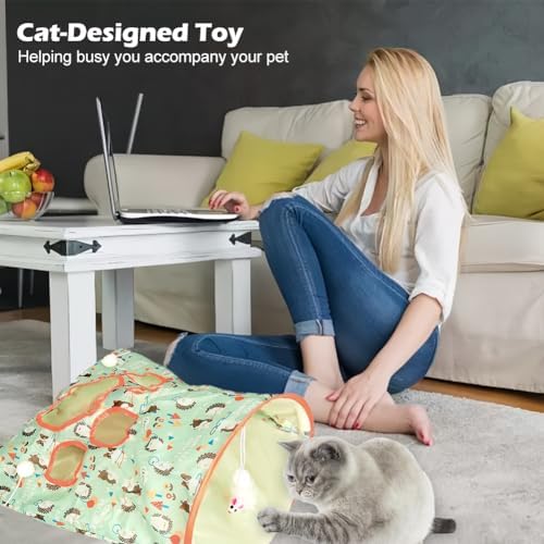 SYCOOVEN Cat Tunnel Bag for Indoor Cats, Pet Collapsible Tunnel Crinkle Sack Bag with 1 Little Mouse & Toy Ball, Crinkle Paper Interactive Cat Toys Hide and Seek(Green Pattern)