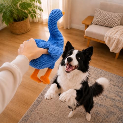 Blue Plush Duck Dog Toy, Stuffed Squeaky Toy with Crinkle Paper