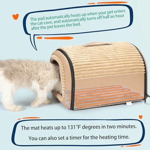 Smart Heated Cat Bed Cave Pet House for Indoor Cats & Small Dogs, Washable & Foldable with Removable Cushion, 17.72x14.96x12.6 inches, Brown