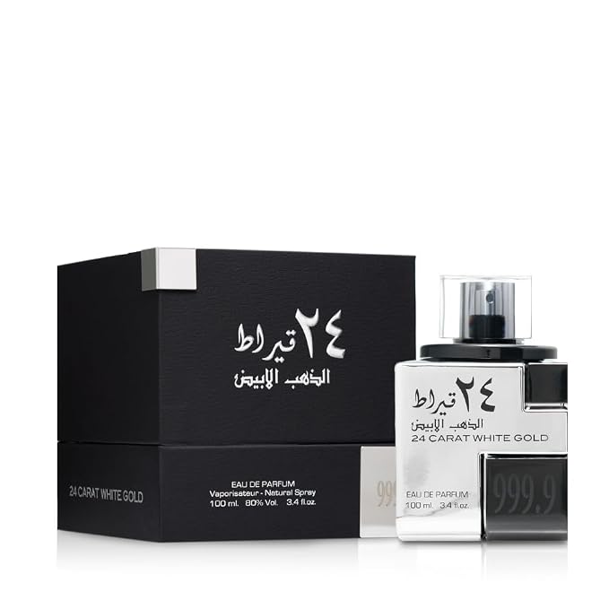 Lattafa 24 Carat White Gold – Fresh, Spicy, Woody – Eau de Parfum Spray Long-Lasting Fragrance for Unisex, 3.4 Ounce / 100 ml
