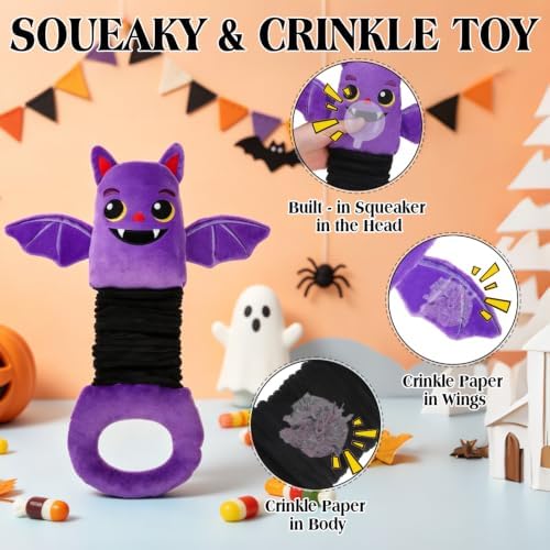 EXPAWLORER Halloween Squeaky Dog Toy - Durable Interactive Plush Bat with Squeaker & Crinkle, Stretchy Tug of War Toy for Small Medium Large Dogs to Keep Them Busy - Soft Pet Teething Stuffed Animal