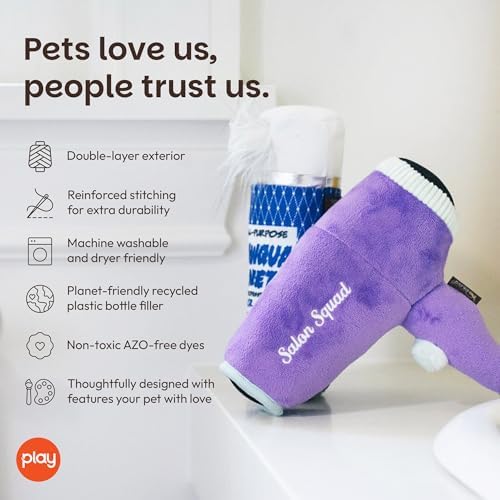 P.L.A.Y. Cute Plush Dog Toys - Splish Splash Bathtime Themed Durable Squeaker Chew Toy, Great for Puppies & Small, Medium, Large Dogs - Machine Washable, Recycled Materials (Howlin' Hair Dryer)