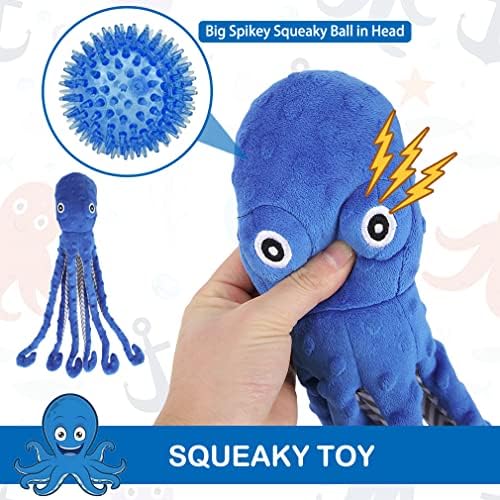 EXPAWLORER Large Squeaky Dog Toys - Stuffed Plush Long Dog Chew Toy, 2-in-1 Interactive Dog Toys with Built-in Squeak Ball and Crinkle Paper, Training Reward Birthday Gift Soft Octopus, Blue