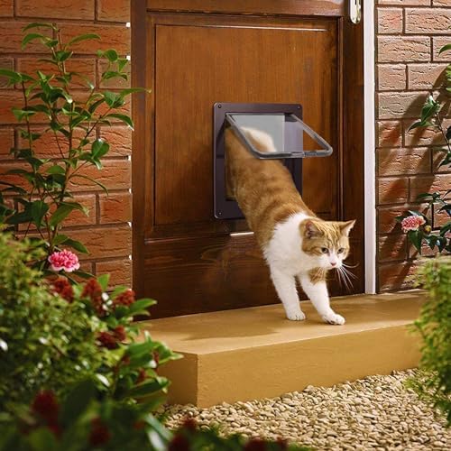 Sailnovo Large Cat Door Flap(Outer Size 9.25" x9.84"),4-Way Locking Cat Flap for Interior Exterior Doors,Quiet,ABS Material, Weatherproof Pet Door for Cat/Dog (Circumference<23", Weight<17.64lb) Brown