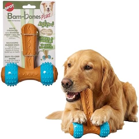 SPOT Bam-Bones Plus Gigglers T-Barbell Durable Dog Chew Toy with Sounds, Bamboo Fiber & Nylon with Rubber Ends, Peanut Butter Flavor, Non-Splintering, for Heavy Chewers & Dogs Under 60 Lbs, 6 Inch