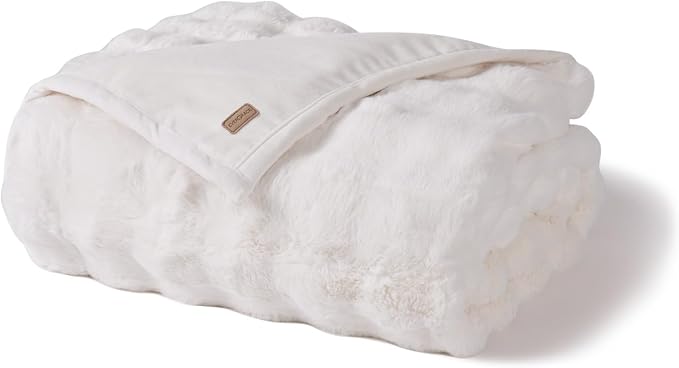 Faux Rabbit Fur Bubble Throw Blanket, 90"x90", Ivory White | Ultra Soft, Luxury Faux Rabbit Fur Throw, Thick Warm Bubble Blanket, Cozy Fluffy Reversible, for Bed, Couch, Chair, Sofa