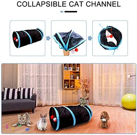 Cat Play Tunnel - Collapsible & Portable Cat Tube with Crinkly Material, Pompom/Sound Ball, Combinable Design for Indoor Cats Rabbits Hunting Fun (Black)