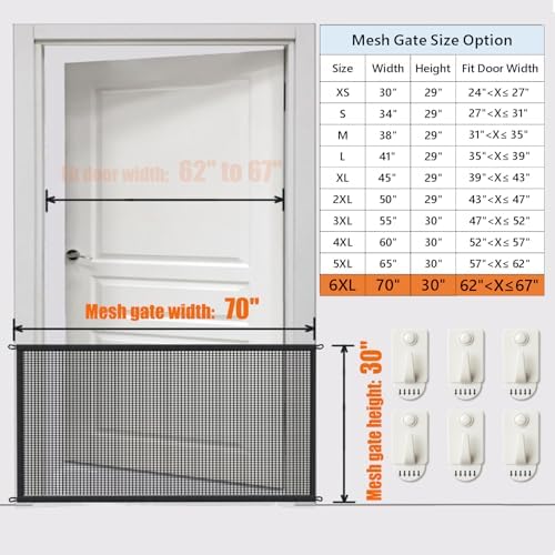 Magic Mesh Dog Gate for Doorways – Indoor Pet Gate 30"x70" for Kitchen, Stairs, Hallway, Fits 64–66" Wide Openings
