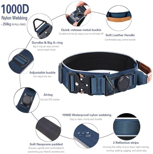 2" Tactical Dog Collar with Airtag Holder & Handle for Medium Dogs (Blue)