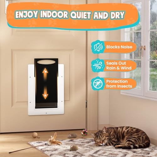 Cat Door for Interior & Exterior Doors, Pets Up to 20 lb, White | Soft Magnetic Flap, Sliding Lock Panel, Adjustable Tunnel, Save energy, Prevents Paw Pinching, Easy DIY Installation