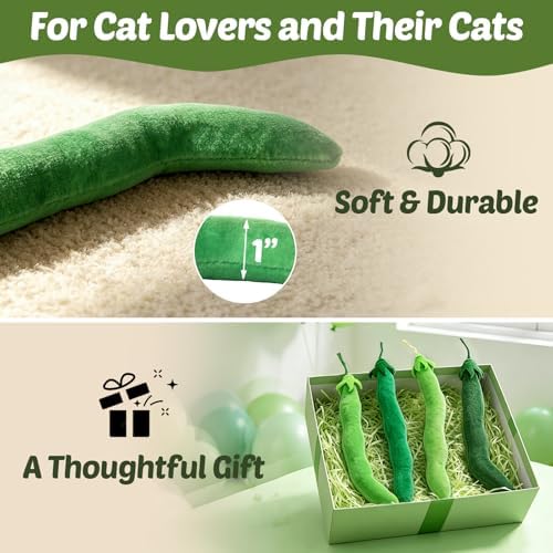 CiyvoLyeen Plush Green Bean Catnip Toys for Indoor Cats 4 Pack