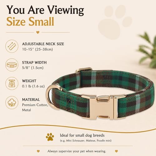 Soft Cotton Dog Collar Classic Plaid Pet Collars with Metal Clasp for Small Dogs with Sensitive Skin, Forest Green