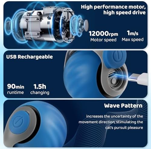 Interactive Cat Toys for Indoor Cats-Rechargeable Moving Cat Toy Ball with USB Charging, 3 Speedy Replaceable Tails & Random Motion Modes, Cat Chase Toy for Bored Indoor Cats,Auto Roll