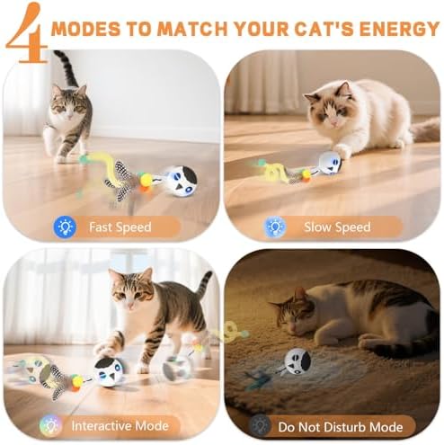 Cat Ball Toy, Upgraded Smart Motion Sensor Moving Ball with 3 Speed Modes & 4 Sounds, Interactive Toy for Indoor Cats, Motion Activated, Chirping Light, 2 Feather Tails(White)