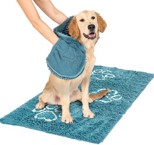 Dog Gone Smart Dirty Dog Shammy + Doormat Bundle - Super Absorbent Plush Shammy Towel & Doormat - Fast-Drying, Soft & Gentle on Fur, Non-Slip Backing, Washable, Durable and Long-Lasting - Pacific Blue