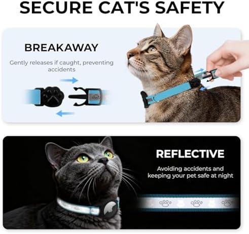 Breakaway AirTag Cat Collar, Reflective Cat Tracker Collar with Bell | Built in AirTag Holder, Adjustable 8.5-12in for Cats, Kittens and Puppies, Safety Elastic Band, Reflective for Night Walking
