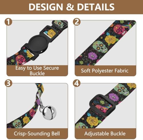 Skulls Flowers Black Easy to Wear Kitten Collar 2 Pack Comfortable Cat Collar