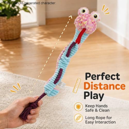 Dog Rope Toy Plush Squeaky Chew Tug of War Toy - Pink Snake