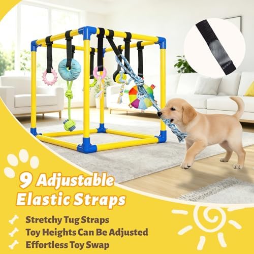 Puppy Play Gym with 9 Hanging Toys for Small Dogs, PVC Frame with Bungee Straps, Interactive Indoor Jungle Playground for Entertainment, Teething and Mental Stimulation（Yellow）