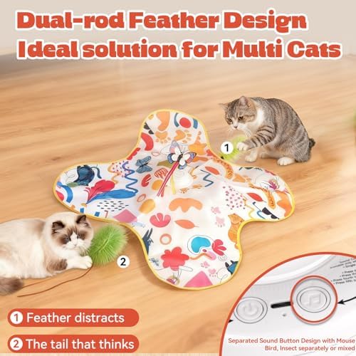 Cat Toys for Indoor Cats, 4in 1 Interactive Cat Toys Rechargeable with Butterfly, Feathers, Setaria Viridis, Real Animal Squeaky, Indoor Kitty Exercise Automatic Pet Toys with 2 Covers for All Breeds