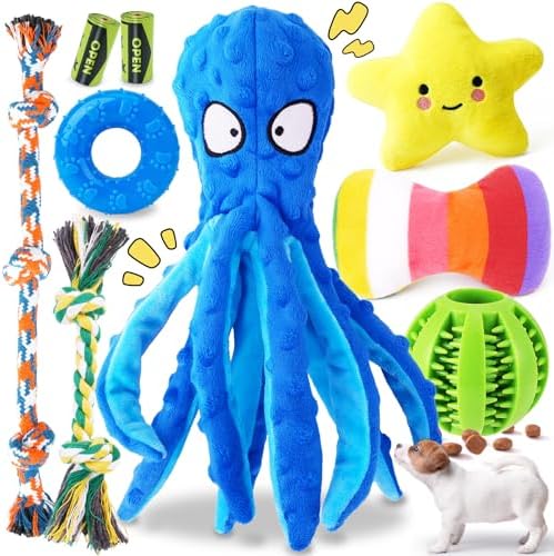 KIPRITII 9 Pack Puppy Toys Set for Small Dogs, Teething & Interactive Play | No-Stuffing Octopus-Shaped Toy, Squeaky & Crinkle Sounds, Interactive Tugging, Keep Dogs Busy, Indoor & Outdoor Play