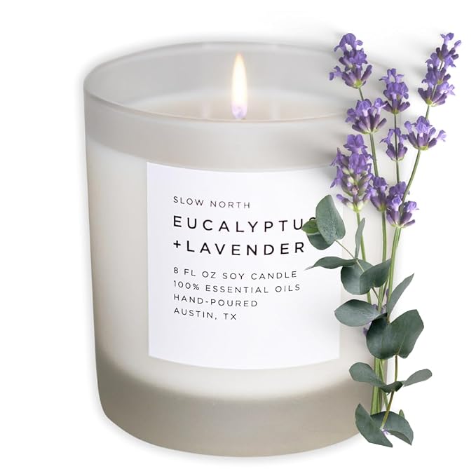 Slow North Eucalyptus + Lavender Candle - Essential Oils and Pure Soy Wax Candle in a Reusable Frosted Glass Jar - A Unique Scented Candle Hand-Poured in the USA (8 oz)