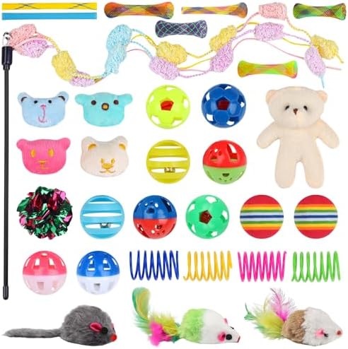 QUOZUO 30 Pcs Cat Toy Kitten Toys Set, Interactive Cat Toy Wand Cat Springs Ball Toy with Bells, Cat Toys for Bored Indoor Cats, Gift Box Styles