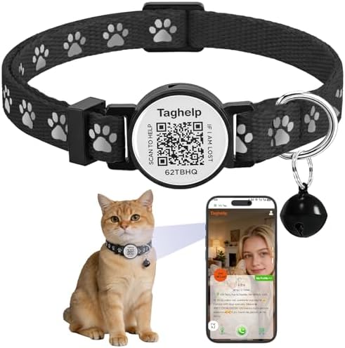 Collar with QR Code,Reflective Cat Collar with Name Tag, Personalized Reflective Cat Collar Breakaway with Bell for Boy & Girl Kitten, Ultra-Durable, Quick Release, Fits Most Girl Boy Cats(Black)