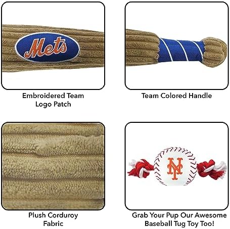 MLB New York Mets Baseball Bat Toy for DOGS & CATS. Soft Corduroy Plush Dog Toy with Inner SQUEAKER, MLB Chew Toys for Dogs or Cats. Durable Fun Interactive Dog Toy with Team Names and Logo