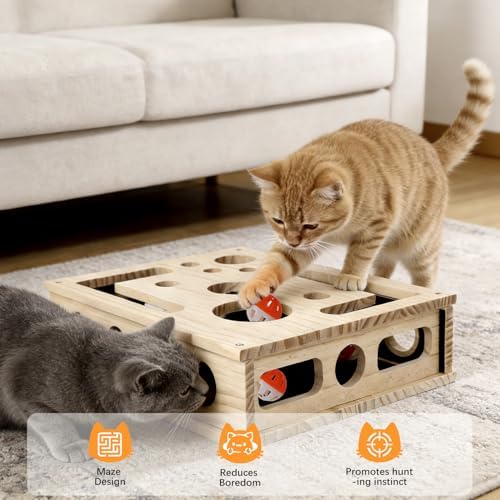 Cat Scratch Puzzle Enrichment Box, Wooden Cat Nail File Box Stress Free Alternative to Grinders, Maze Toy Box for Indoor Cats Scratching, with Sandpaper & 3 Bell Balls