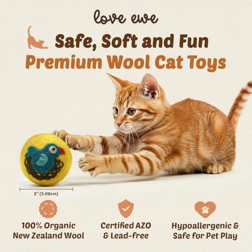 Love Ewe Wool Cat Toys Ball 3 Pack, 2-inch Fish and Bird