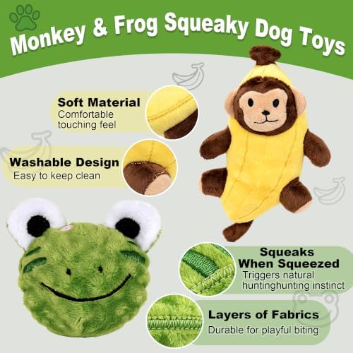 2-Pack Dog Squeaky Toy Plush Banana with Monkey & Frog Ball