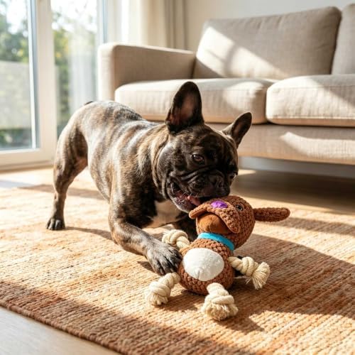 Brown Poodle Squeaky Plush Dog Chew Toy, 10.6 in Rope Crinkle Toy
