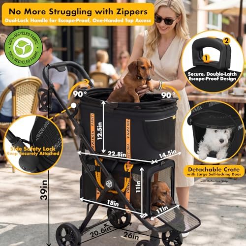 PAWZIDEA Double Pet Stroller with 2 Detachable Carrier, Multifunctional