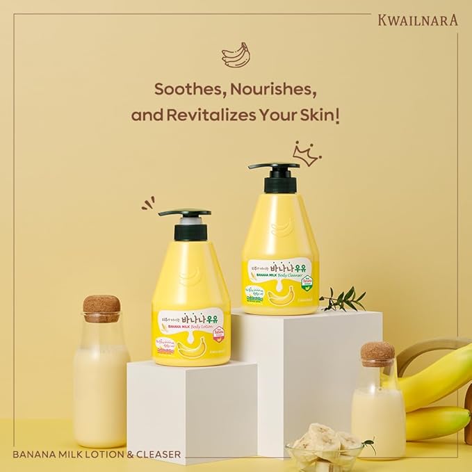 Kwailnara Banana Milk Body Wash (19.75 Fl Oz) – Korean Body Cleanser for Soft & Hydrated Skin | Milk Protein, Royal Jelly & Elasticity-Boosting Banana Extract | Paraben-Free with Gentle Bubbles