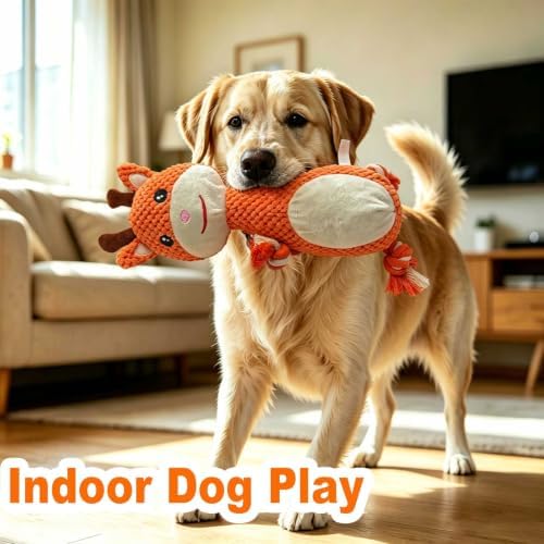 Orange Deer Plush Chew Dog Toy, 13.8 in, Squeaker and Rope