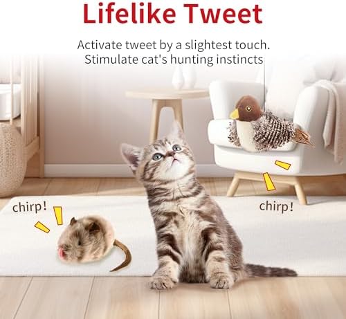 PETGEEK Gigwi Chirping Bird Cat Toy, Fake Simulated Toys for Indoor Cats, Melody Chaser Toys with Hanging Loop for Bored Indoor Adult Cats Kittens Interactive Play (Bird Mouse Set)