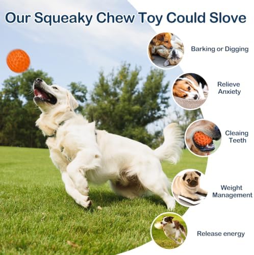 Indestructible Squeaky Dog Ball for Aggressive Chewers, Rubber Interactive Dog Toy for Teething, Relieving Anxiety. Chew Toy for Large, Medium Breeds, Outdoor & Indoor Ball.