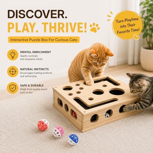3-in-1 Cat Amazing Puzzle Box, Interactive Foraging Hunt & Cat Nail File Device with 1 Feather Wand & 3 Bell Balls, Wooden Enrichment System for Indoor Cats to Scratch, Play & Exercise