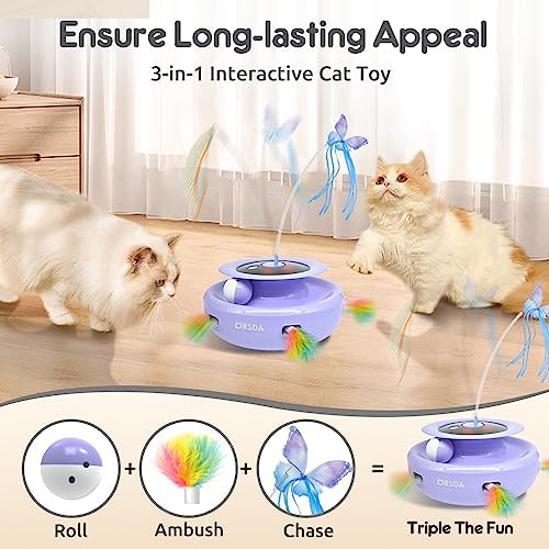 ORSDA Cat Toy, 3-in-1 Automatic Interactive Electronic Moving Ambush Feather, Fluttering Butterfly, Track Balls, USB Rechargeable Powered Smart Indoor Exercise Kicker