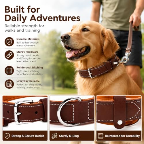 Genuine Leather Dog Collar, Soft Padded Leather Dog Collars with Airtag Holder Case for Small Medium Large X-Large Dogs,Comfort Heavy Duty Pet Collar with Durable Metal Buckle & D-Ring-Brown/S